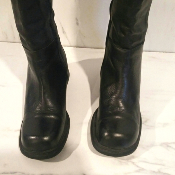 Vintage 90's Chunky Block Heel Square Toe Tall Black Leather Boots - Picture 6 of 16